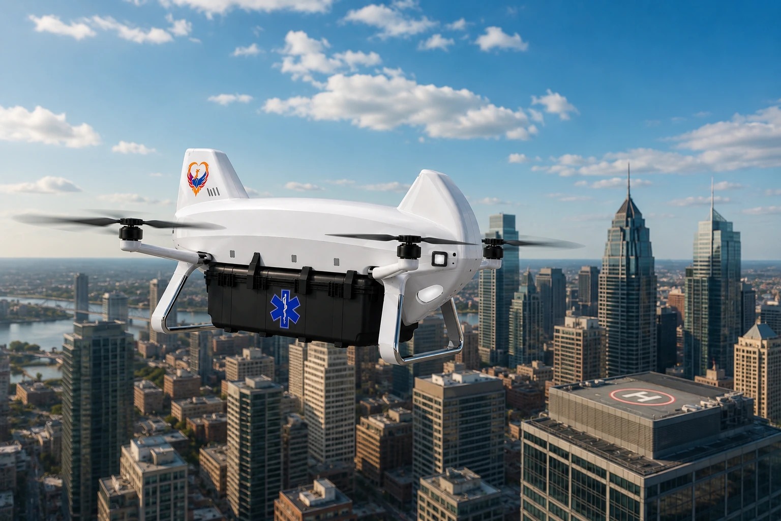 Phoenix P1 medical logistics aircraft flying above a major city