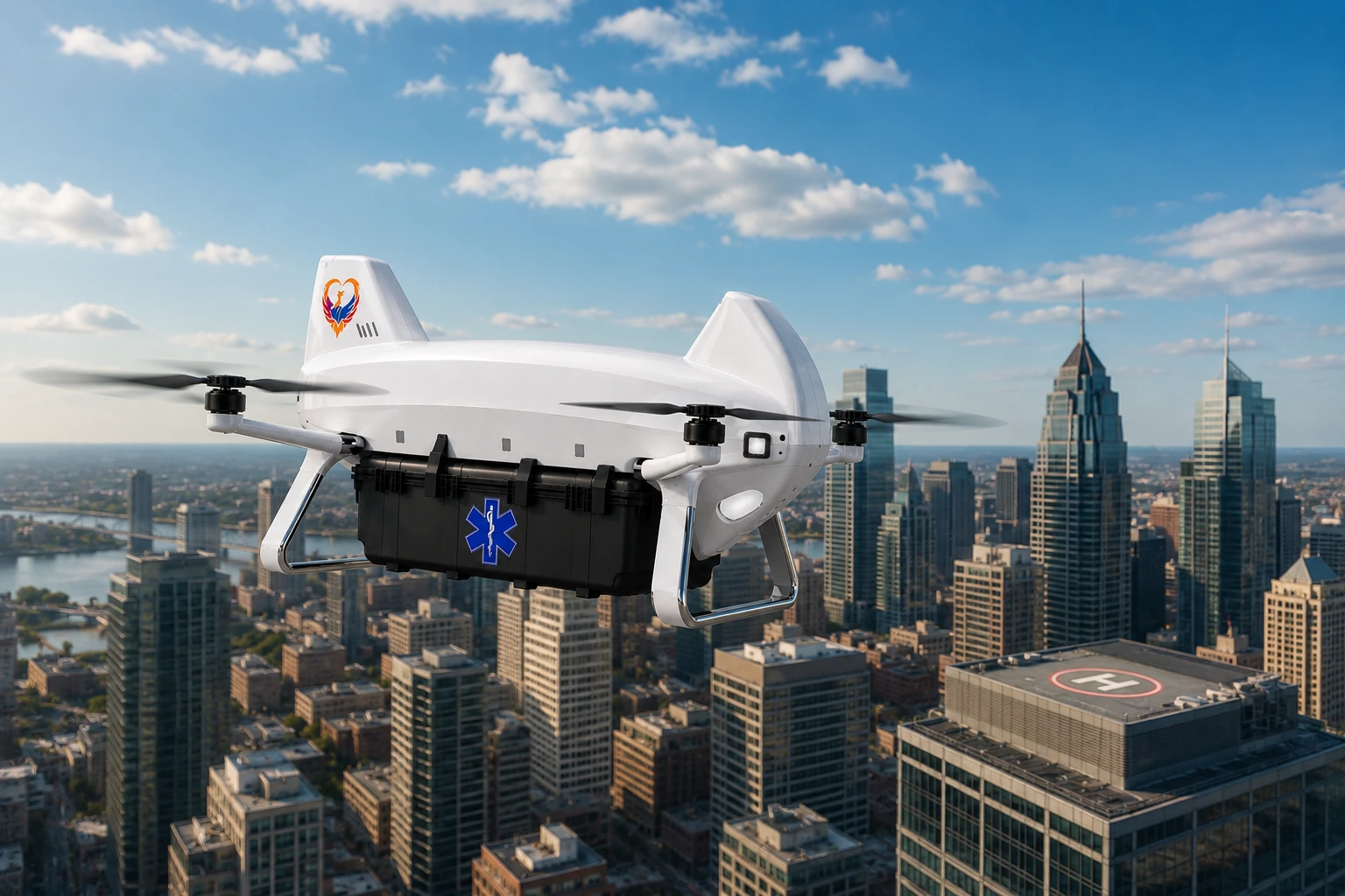 Phoenix P1 medical logistics aircraft flying above a major city