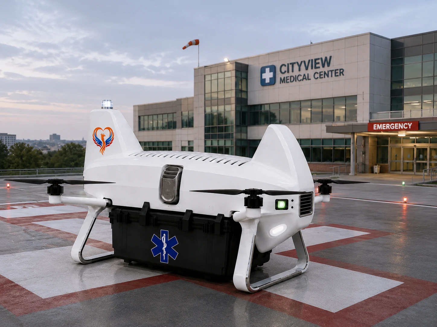 Phoenix medical cargo drone concept on a hospital landing site