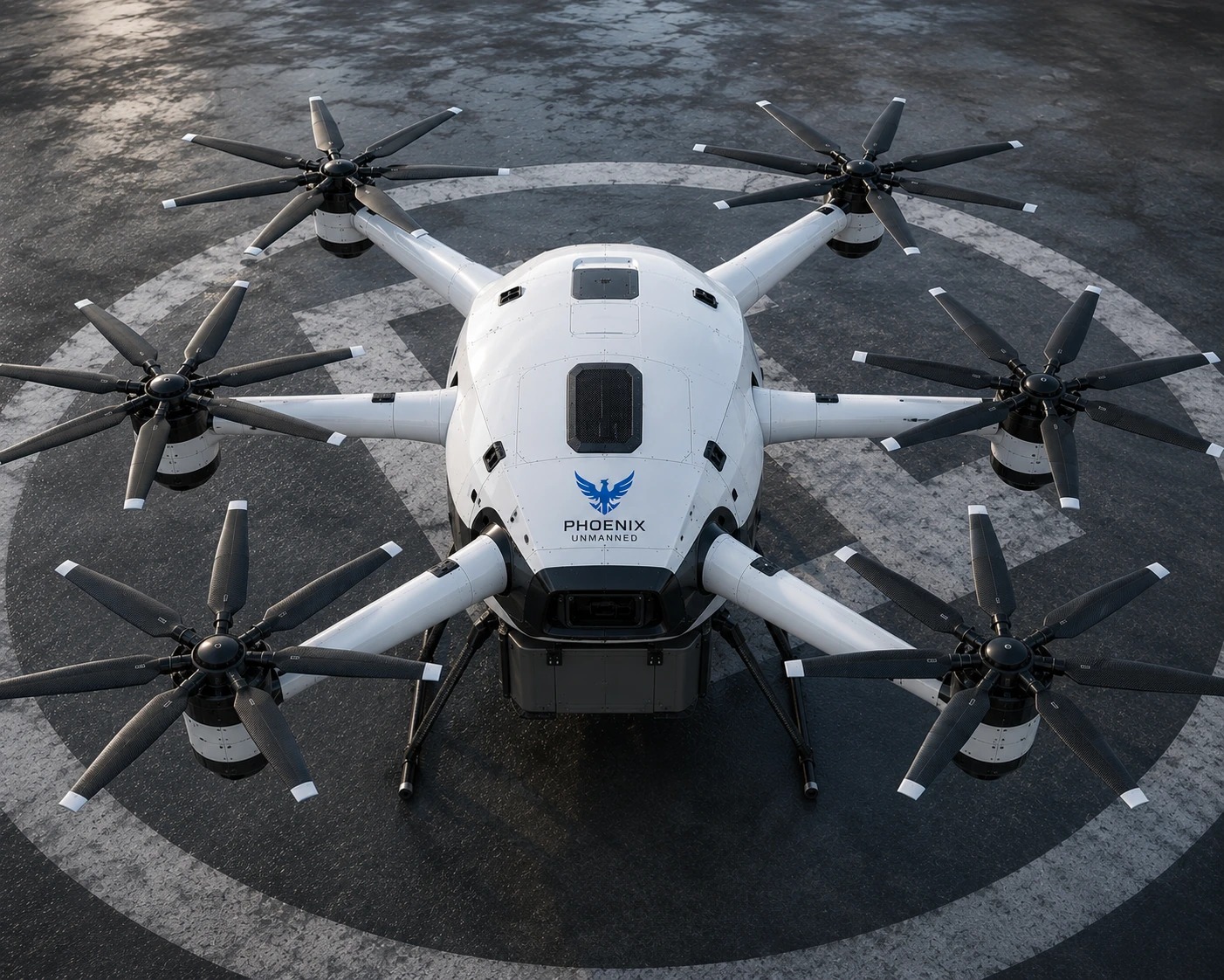 Phoenix P3 heavy-lift aircraft concept viewed from above on a landing pad