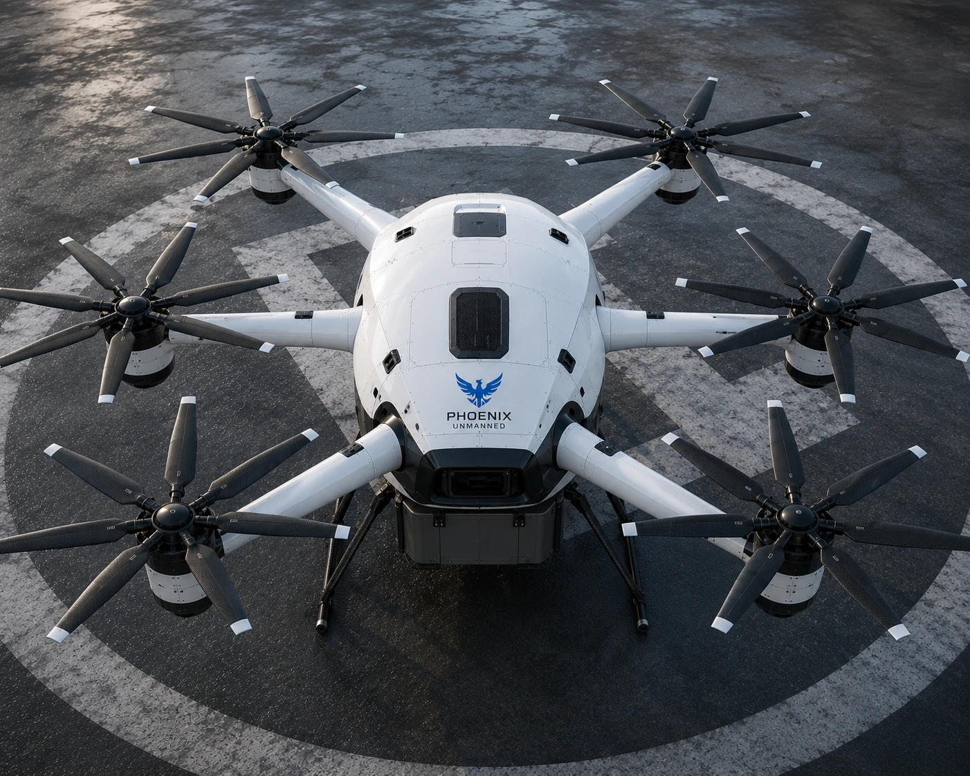 Phoenix P3 heavy-lift aircraft concept viewed from above on a landing pad