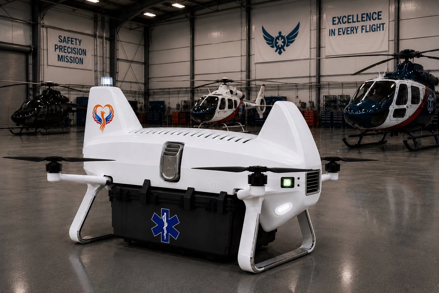 Phoenix cargo drone inside a medical aviation hangar